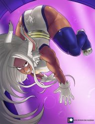Rule 34 | 1girl, absurdres, animal ear fluff, animal ears, arched back, ass, boku no hero academia, breasts, commentary, dark-skinned female, dark skin, echo saber, english commentary, eyelashes, floating hair, from above, gloves, grin, highres, large breasts, leotard, long hair, looking at viewer, mirko, patreon logo, patreon username, rabbit ears, rabbit tail, red eyes, smile, solo, tail, thick thighs, thighhighs, thighs, very long hair, watermark, web address, white gloves, white hair, white leotard