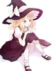 Rule 34 | 1girl, :p, bad id, bad pixiv id, blonde hair, bloomers, bow, hands on own knees, hat, hat bow, interlocked fingers, kirisame marisa, knees together feet apart, looking at viewer, puffy sleeves, shirt, short sleeves, sitting, skirt, skirt set, solo, tongue, tongue out, touhou, underwear, upskirt, vest, witch hat, yatomi, yellow eyes