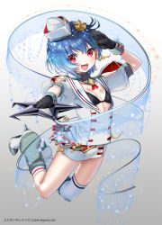 Rule 34 | 1girl, black gloves, blue hair, blush, breasts, full body, garrison cap, gloves, gradient background, grey background, hat, high heels, highres, looking at viewer, million chain, nagi (million chain), official art, open mouth, red eyes, short hair, small breasts, solo, star (symbol), weapon, white background, yanyo (ogino atsuki)