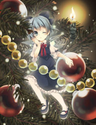 Rule 34 | 1girl, :o, bad id, bad pixiv id, blue eyes, blue hair, bow, candle, christmas tree, cirno, hair bow, looking at viewer, maki (natoriumu), mary janes, matching hair/eyes, mini person, minigirl, one eye closed, pantyhose, shoes, short hair, solo, touhou, white pantyhose, wings, wink