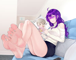 Rule 34 | 1girl, absurdres, barefoot, beifeng han, blush, controller, couch, feet, highres, long hair, magazine (object), miyaura sanshio, original, parted lips, purple eyes, purple hair, reading, remote control, soles, toes, turtleneck