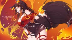Rule 34 | 1girl, animal ears, black nails, bracelet, breasts, collar, cowboy shot, fire, hand on own thigh, high-waist skirt, highres, indie virtual youtuber, jewelry, large breasts, long hair, miniskirt, multicolored hair, nail polish, nanoless, off shoulder, orange eyes, pyrokinesis, side slit, sinder (vtuber), sinder (vtuber) (1st costume), skirt, solo, spiked bracelet, spiked collar, spikes, streaked hair, tail, torn clothes, torn skirt, virtual youtuber, wolf ears, wolf girl, wolf tail