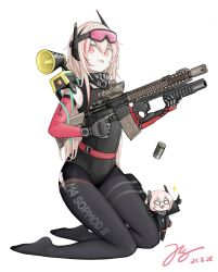 Rule 34 | 1girl, absurdres, assault rifle, asymmetrical arms, asymmetrical horns, banana (girls&#039; frontline), bandana, belt, belt buckle, black gloves, black leotard, black one-piece swimsuit, black pantyhose, black wetsuit, blonde hair, bodysuit, breasts, buckle, chibi, chibi inset, covered navel, dated, detached sleeves, diving mask, diving mask on head, diving suit, fang, feet, girls&#039; frontline, gloves, goggles, goggles on head, grenade launcher, gun, highleg, highleg leotard, highres, holding, holding gun, holding weapon, horns, jerry wang, kneeling, leotard, long hair, looking at viewer, m4 carbine, m4 sopmod ii, m4 sopmod ii (girls&#039; frontline), m4 sopmod ii jr, mask, mechanical arms, medium bangs, messy hair, multicolored hair, one-piece swimsuit, open mouth, optical sight, pale skin, pantyhose, pantyhose under swimsuit, pink-tinted eyewear, pouch, red belt, red eyes, rifle, single detached sleeve, single glove, skin fang, skin tight, small breasts, smile, streaked hair, swimsuit, tactical clothes, thigh pouch, thigh strap, thighband pantyhose, tinted eyewear, torn clothes, torn pantyhose, trigger discipline, underbarrel grenade launcher, unworn mask, watch, weapon, wetsuit, white background, wristwatch