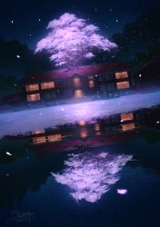 Rule 34 | building, cherry blossoms, commentary request, highres, mountain, night, night sky, no humans, original, petals, pochi (poti1990), reflection, scenery, sky, water