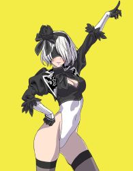 Rule 34 | 1girl, alternate costume, arm up, black flower, black rose, black thighhighs, blindfold, bow, bowtie, breasts, cleavage, cleavage cutout, clothing cutout, commentary request, cropped jacket, feather trim, flower, gloves, hair bow, hairband, hand on own hip, highleg, highleg leotard, highres, leotard, lips, long sleeves, medium breasts, mole, mole under mouth, nier:automata, nier (series), pointing, pointing up, puffy sleeves, rose, saturday night fever, short hair, simple background, solo, thighhighs, thighs, white hair, yamashita shun&#039;ya, yellow background, 2b (nier:automata)