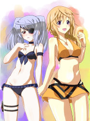 Rule 34 | 10s, 2girls, bikini, bikini skirt, blonde hair, blush, braid, breasts, charlotte dunois, cleavage, eyepatch, food, frilled bikini, frills, front-tie top, hd-humi, ice cream, infinite stratos, jewelry, laura bodewig, medium breasts, multiple girls, pendant, purple eyes, red eyes, short twintails, silver hair, skindentation, small breasts, swimsuit, twintails