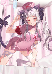 Rule 34 | 1girl, absurdres, all fours, animal ear fluff, animal ears, bandaged arm, bandaged leg, bandages, black bow, black ribbon, blunt bangs, blurry, blurry background, blush, bow, breasts, cat ears, cat tail, chierishu, cleavage cutout, clothing cutout, commentary, grin, hair ribbon, hat, highres, hololive, indoors, intravenous drip, long hair, looking at viewer, murasaki shion, nurse, nurse cap, ribbon, short sleeves, sidelocks, single thighhigh, small breasts, smile, solo, stethoscope, syringe, tail, tail bow, tail ornament, thighhighs, thighs, twintails, virtual youtuber, white hair, white thighhighs, yellow eyes