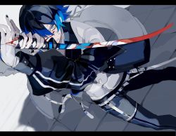 Rule 34 | 1boy, black hair, black pants, blood, blood on face, bloody weapon, blue hair, cowboy shot, fighting stance, grey eyes, hair over one eye, highres, holding, holding sword, holding weapon, jacket, katana, kushiro kuki, long sleeves, looking at viewer, male focus, multicolored hair, original, pants, shirt, solo, standing, sweat, sword, two-tone hair, weapon, white jacket, white shirt