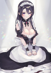 Rule 34 | 1girl, apron, black dress, black hair, blush, breasts, broken plate, cleavage, closed mouth, commentary request, dress, frilled dress, frills, frown, hair between eyes, highres, hu kotora, long hair, looking away, looking down, maid, maid headdress, medium breasts, original, plate, purple eyes, sleeveless, sleeveless dress, solo, very long hair, white apron, wrist cuffs