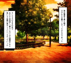 Rule 34 | bench, cloud, fence, ikoiko iko, japanese text, lamppost, no humans, orange sky, original, outdoors, scenery, sky, sunset, text focus, translation request, tree