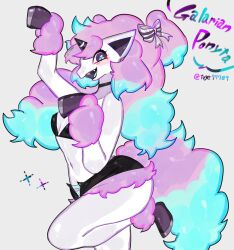 Rule 34 | absurdres, animal ears, blue hair, breasts, choker, creatures (company), fluffy, furry, furry female, galarian form, galarian ponyta, game freak, gen 1 pokemon, gen 8 pokemon, highres, hooves, horns, horse ears, horse girl, horse tail, midriff, multicolored hair, navel, nintendo, pokemon, pokemon (creature), ponyta, purple hair, shorts, small breasts, smile, sparkling eyes, tail, thick thighs, thighs, togetoge, unicorn, white fur, wide hips