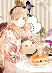 Rule 34 | 1girl, alternate costume, apron, bad id, bad pixiv id, blonde hair, chair, cup, earrings, food, fork, hairband, highres, jewelry, knife, long hair, maid, mayu (vocaloid), plate, prin dog, ribbon, smile, solo, striped, stuffed animal, stuffed rabbit, stuffed toy, table, usano mimi, vocaloid, wa maid
