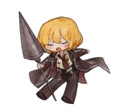 Rule 34 | 1girl, badge, black coat, black pants, blonde hair, button badge, chibi, closed eyes, coat, collared shirt, don quixote (project moon), holding, holding polearm, holding weapon, lance, limbus company, long sleeves, necktie, nonga, open clothes, open coat, open mouth, pants, polearm, project moon, red necktie, shirt, short hair, simple background, smile, solo, weapon, white shirt