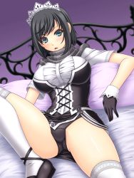 Rule 34 | 1girl, abu, alternate costume, bed, black gloves, black hair, black panties, blue eyes, blush, breasts, gloves, headdress, highres, large breasts, looking at viewer, lying, nel zelpher, on back, panties, pillow, purple background, short hair, solo, square enix, star ocean, star ocean till the end of time, thighhighs, underwear, white thighhighs