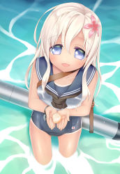 Rule 34 | 10s, 1girl, :d, blonde hair, blue eyes, crop top, cupping hands, flower, from above, hair flower, hair ornament, kantai collection, long hair, looking up, one-piece tan, open mouth, own hands together, reon-shi, ro-500 (kancolle), sailor collar, school swimsuit, seashell, shell, smile, solo, swimsuit, swimsuit under clothes, tan, tanline, torpedo, wading, water, wet