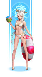 Rule 34 | 1girl, absurdres, bikini, breasts, cleavage, closed mouth, coconut, drinking straw, forehead, full body, genshin impact, hair ornament, highres, holding, innertube, lipstick, long hair, looking at viewer, makeup, navel, ningguang (genshin impact), red eyes, sandals, simonz1987, smile, solo, swim ring, swimsuit, toes, white bikini, white hair