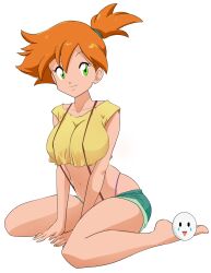 Rule 34 | 1girl, absurdres, alternate breast size, asymmetrical hair, bare arms, bare legs, bare shoulders, blush, breasts, caisama, cowboy shot, creatures (company), curvy, denim, denim shorts, game freak, green eyes, gym leader, hair between eyes, hair tie, highres, large breasts, legs, looking at viewer, misty (pokemon), nintendo, open mouth, orange hair, pokemon, pokemon (anime), pokemon (classic anime), ponytail, shiny skin, shirt, short hair, short ponytail, short shorts, shorts, side ponytail, sideboob, simple background, sleeveless, sleeveless shirt, smile, solo, suspenders, tank top, thighs, thong, underwear, whale tail (clothing), wide hips, yellow shirt