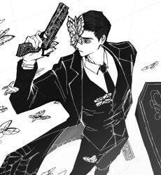 Rule 34 | 1boy, black coat, black necktie, black pants, black vest, bug, butterfly, butterfly on head, chanil (muexlku), coat, coffin, collared shirt, e.g.o (project moon), from above, funeral of the dead butterflies, gun, hand up, highres, holding, holding gun, holding weapon, insect, limbus company, lobotomy corporation, long sleeves, meursault (project moon), necktie, pants, project moon, shirt, simple background, solo, vest, weapon, white background, white shirt