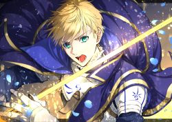 Rule 34 | 1boy, ahoge, armor, arthur pendragon (fate), bad id, bad twitter id, blonde hair, cape, excalibur (fate/prototype), fate/prototype, fate (series), gauntlets, glowing, green eyes, male focus, mou (mooooow), open mouth, solo, sword, weapon