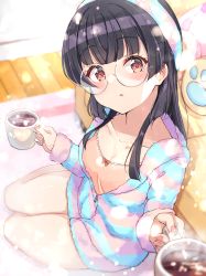 Rule 34 | 1girl, black hair, blurry, blurry background, blush, breasts, brown camisole, camisole, collarbone, commentary request, couch, cup, depth of field, glasses, hairband, holding, holding cup, hood, hood down, hooded jacket, idolmaster, idolmaster shiny colors, jacket, long hair, long sleeves, looking at viewer, loungewear, mayuzumi fuyuko, mug, nail polish, paid reward available, parted lips, pink nails, red eyes, round eyewear, shiitake taishi, sleeves past wrists, small breasts, solo, striped clothes, striped jacket, stuffed animal, stuffed toy, wooden floor