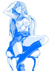 Rule 34 | 1girl, arm up, blue theme, boots, breasts, breasts out, chair, closed mouth, hair between eyes, hand in own hair, hand on own head, haruhisky, high heel boots, high heels, highres, knee boots, kneehighs, long hair, medium breasts, monochrome, nipples, panties, pleated skirt, shirt, simple background, sitting, skirt, socks, solo, suzumiya haruhi, suzumiya haruhi no yuuutsu, unbuttoned, unbuttoned shirt, underwear