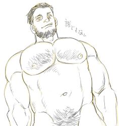 Rule 34 | 1boy, abs, bara, beard, character request, check character, chest hair, completely nude, cowboy shot, dickfish (fishismdick), facial hair, hair slicked back, hairy, highres, john rottweil (dickfish), large pectorals, male focus, male pubic hair, mature male, muscular, muscular male, nipples, nude, original, out-of-frame censoring, pectorals, pubic hair, scan, short hair, sketch, smirk, solo, stomach, thick eyebrows, traditional media, translation request