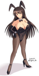 Rule 34 | 1girl, alternate breast size, animal ears, black bow, black bowtie, black gloves, black hair, black leotard, black pantyhose, bow, bowtie, breasts, brown eyes, cleavage, dated, detached collar, elbow gloves, fishnet pantyhose, fishnets, full body, gloves, hands on own hips, highres, kantai collection, kishi nisen, large breasts, leotard, nagato (kancolle), one-hour drawing challenge, pantyhose, playboy bunny, rabbit ears, rabbit tail, simple background, solo, strapless, strapless leotard, tail, twitter username, white background