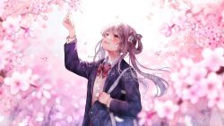 Rule 34 | 1girl, :d, bag, blazer, blue jacket, blurry, bow, bowtie, cherry blossoms, collared shirt, day, depth of field, falling petals, floating hair, ginniroya, grey bow, grey hair, hair bow, hand up, highres, jacket, long hair, looking up, open clothes, open jacket, open mouth, original, outdoors, petals, plaid, plaid bow, purple eyes, red bow, red bowtie, school bag, shirt, sidelocks, single hair ring, smile, solo, striped bow, striped bowtie, striped clothes, sweater, twintails, twitter username, upper body, v-neck, watermark, white shirt, yellow sweater