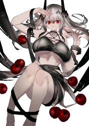 Rule 34 | 1girl, absurdres, apple, arknights, bare legs, bikini, black ribbon, breasts, cleavage, commentary, cross-laced bikini, cross-laced clothes, demon horns, feet out of frame, flower, food, fruit, grey hair, hair between eyes, hair flower, hair ornament, hand up, highres, horns, infection monitor (arknights), inumata ichini, knees up, large breasts, long hair, looking at viewer, lying, material growth, mudrock (arknights), mudrock (silent night) (arknights), official alternate costume, on back, oripathy lesion (arknights), red eyes, red flower, ribbon, solo, swimsuit, yellow flower