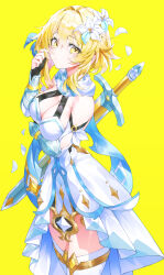 Rule 34 | 1girl, absurdres, blonde hair, dress, genshin impact, highres, indol, looking at viewer, lumine (genshin impact), short hair, solo, sword, thighhighs, weapon, white dress, white thighhighs, yellow eyes