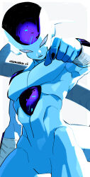 Rule 34 | 1boy, alien, black nails, blue skin, closed mouth, colored skin, dragon ball, dragonball z, frieza, highres, kokusoji, looking at viewer, male focus, no humans, pointing, pointing at viewer, simple background, solo, tail, twitter username, white background, white eyes