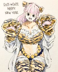 Rule 34 | 1girl, 2022, animal ears, animal print, black eyes, black hair, braid, breasts, chinese clothes, chinese zodiac, cloak, curvy, dated, english text, fake animal ears, gamenamepuipui, happy new year, highres, large breasts, long hair, looking at viewer, new year, one piece, open mouth, perona, pink hair, shiny skin, short hair, simple background, smile, tiger ears, tiger print, underwear, underwear only, very long hair, wide hips, year of the tiger