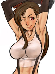 Rule 34 | 1990s (style), 1girl, armpits, arms up, bare shoulders, black hair, breasts, brown hair, cleavage, crop top, dynamite-kit, elbow gloves, final fantasy, final fantasy vii, fingerless gloves, gloves, large breasts, long hair, midriff, one eye closed, red eyes, smile, solo, suspenders, tank top, tifa lockhart, toned, wink