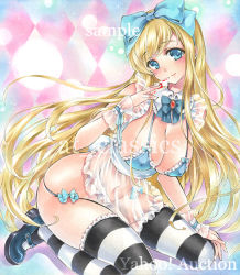 Rule 34 | 1girl, artist name, at classics, blonde hair, blue bow, blue bowtie, blue bra, blue eyes, blush, bow, bowtie, bra, breasts, card, closed mouth, covered erect nipples, detached collar, frilled bra, frills, full body, hair bow, hand up, holding, holding card, large breasts, long hair, looking at viewer, mary janes, navel, original, playing card, sample watermark, see-through, shoes, sitting, solo, stomach, striped clothes, striped thighhighs, thighhighs, traditional media, underwear, very long hair, watermark, wristband