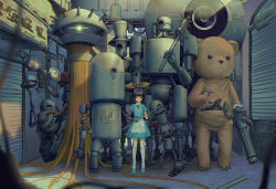 Rule 34 | 1girl, absurdres, animal costume, bear costume, bird, black hair, blue footwear, blunt bangs, bullet, chromatic aberration, costume, crack, drone, flying, glowing, googerm, gun, hat, highres, holding, holding weapon, mecha, mechanical arms, mechanical bird, original, over shoulder, pink neckwear, purple eyes, robot, rust, science fiction, single mechanical arm, smile, standing, stuffed animal, stuffed toy, tagme, teddy bear, thighhighs, weapon, weapon over shoulder, white thighhighs, wire