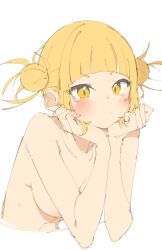 Rule 34 | 1girl, blonde hair, blunt bangs, blush, boku no hero academia, breasts, closed mouth, commentary request, completely nude, double bun, hair bun, highres, looking at viewer, medium breasts, nude, rasusurasu, short hair, simple background, sketch, solo, toga himiko, upper body, white background, yellow eyes