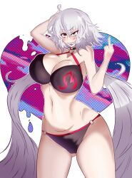 Rule 34 | ahoge, bikini, blush, breasts, cleavage, evil smile, fate/grand order, fate (series), grey hair, highres, huge breasts, jeanne d&#039;arc alter (fate), jeanne d&#039;arc alter (swimsuit berserker) (fate), lipstick, long hair, looking at viewer, makeup, o-ring, o-ring bikini, ringo-chan (saikoaweonao23), smile, solo, swimsuit, yellow eyes