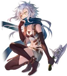 Rule 34 | 1girl, achan (blue semi), belt, black footwear, black gloves, black thighhighs, blue scarf, boots, breasts, cleavage, commentary, covered mouth, crop top, cropped jacket, dagger, eiyuu densetsu, elbow gloves, falcom, fie claussell, fingerless gloves, floating hair, full body, gloves, green eyes, grey jacket, grey shorts, gunblade, hair between eyes, hajimari no kiseki, jacket, knife, long hair, midriff, navel, o-ring, open clothes, open jacket, parted bangs, reverse grip, scarf, sen no kiseki, short shorts, shorts, silver hair, simple background, sleeveless, sleeveless jacket, small breasts, solo, squatting, thigh boots, thighhighs, thighs, weapon, white background