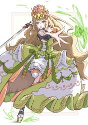 Rule 34 | 1girl, bare shoulders, blonde hair, bow, butterfly hair ornament, celine (fire emblem), clothing cutout, commentary request, crown, detached sleeves, dress, fire emblem, fire emblem engage, flower, frilled dress, frills, full body, green bow, green eyes, hair ornament, highres, holding, holding sword, holding weapon, kazami doriru, long dress, long hair, looking at viewer, nintendo, open mouth, orange bow, outstretched hand, partial commentary, ribbon, solo, sword, very long hair, weapon, white background