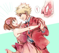 Rule 34 | !, 10s, 1boy, 1girl, ^^^, alternate costume, arm around waist, bad id, bad pixiv id, bakugou katsuki, bare shoulders, bead necklace, beads, belt, black eyes, blonde hair, blue shirt, blush, boku no hero academia, brown eyes, brown hair, collared shirt, dancing, dress, dress shirt, eye contact, eyelashes, fingerless gloves, flower, formal, from side, furrowed brow, gloves, hair flower, hair ornament, hetero, high heels, holding hands, jacket, jewelry, long sleeves, looking at another, motion lines, multiple views, necklace, necktie, open mouth, outstretched arm, pants, pearl necklace, pink dress, pink gloves, profile, red jacket, red necktie, red pants, reiquil, shirt, shoes, short dress, short hair, sidelocks, speech bubble, spiked hair, spoken exclamation mark, stepped on, strapless, strapless dress, suit, sweat, uraraka ochako, wavy mouth