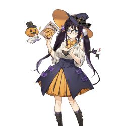Rule 34 | bat (animal), black-framed eyewear, black hair, blue eyes, bracelet, breasts, cleavage, clothing cutout, cookie, food, hat, heart, holding, jack-o&#039;-lantern, jewelry, kino books, ladle, large breasts, long hair, looking at viewer, official art, shoulder cutout, skirt, smile, solo, spoken heart, transparent background, uchi no hime-sama ga ichiban kawaii, whoisshe, witch hat