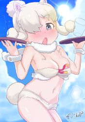 Rule 34 | 1girl, adapted costume, alpaca ears, alpaca suri (kemono friends), alpaca tail, animal ears, areola slip, bare arms, bare shoulders, bikini, bikini top only, blonde hair, blue sky, blush, breasts, commentary request, cowboy shot, cup, day, detached collar, drinking glass, extra ears, fur collar, grey eyes, hair bun, hair over one eye, hands up, highres, holding, holding tray, horizontal pupils, kemono friends, looking at viewer, masuyama ryou, navel, nose blush, open mouth, outdoors, platinum blonde hair, ribbon, shorts, sidelocks, single hair bun, sky, solo, stomach, summer, sun, swimsuit, tail, tray, wardrobe malfunction, wrist cuffs