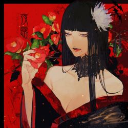 Rule 34 | 1girl, ailout2, bare shoulders, bat hair ornament, black collar, black hair, black kimono, blue eyes, blunt bangs, breasts, camellia, character name, cleavage, collar, collarbone, commentary, copyright name, dated, expressionless, final fantasy, final fantasy xiv, floral background, flower, hair flower, hair ornament, hand up, holding, holding flower, japanese clothes, kimono, lace collar, long hair, looking ahead, mole, mole under mouth, off shoulder, red background, red flower, red lips, signature, solo, translated, upper body, wide sleeves, yotsuyu goe brutus
