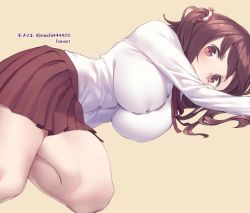 Rule 34 | 1girl, breasts, buttons, ebina nana, hair ribbon, himouto! umaru-chan, large breasts, long hair, long sleeves, lying, mochi (mochi444420), neck ribbon, on side, open mouth, pleated skirt, red eyes, red hair, red ribbon, ribbon, school uniform, shirt, signature, simple background, skirt, solo, taut clothes, taut shirt, thighs, twintails, twitter username, yellow background