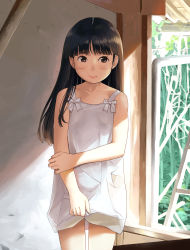 Rule 34 | 1girl, absurdres, anyannko, bad id, bad pixiv id, bamboo, bamboo forest, black eyes, black hair, blush, closed mouth, clothes lift, collarbone, day, dress, dress lift, feet out of frame, forest, highres, ladder, lifting own clothes, long hair, nature, original, panties, smile, solo, standing, sunlight, swept bangs, transparent, underwear, white dress, white panties