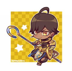 Rule 34 | 1boy, ahoge, ankh, ankh necklace, border, brown eyes, brown hair, brown pants, brown shirt, cane, checkered background, chibi, chibi only, dark-skinned male, dark skin, earrings, fate/grand order, fate (series), full body, gauntlets, gold earrings, gold necklace, hip vent, holding, holding cane, jewelry, kotorai, male focus, necklace, no nose, ozymandias (fate), pants, sandals, shirt, short hair, signature, smile, solo, star (symbol), white border