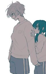 Rule 34 | 2girls, azuma (magi-inazuma), commentary request, hand on another&#039;s arm, height difference, highres, limited palette, long hair, long sleeves, multiple girls, original, parted lips, ponytail, short hair, shorts, simple background, sleeves past wrists, sweat, sweater, white background