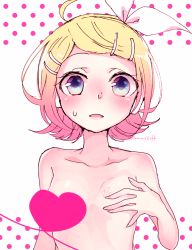 Rule 34 | 00s, 1girl, ahoge, blonde hair, blue eyes, blush, bow, breast tattoo, censored, collarbone, covering privates, covering one breast, flat chest, hair bow, hair ornament, hairclip, hand on own chest, headphones, headset, heart, heart censor, heart of string, kagamine rin, kawahara chisato, looking at viewer, nude, number tattoo, polka dot, polka dot background, short hair, signature, solo, standing, sweatdrop, tattoo, twitter username, upper body, vocaloid