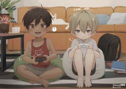 Rule 34 | !, 2boys, absurdres, bag, bare legs, bare shoulders, barefoot, black hair, blonde hair, book, cat, child, commentary request, controller, couch, cup, dark-skinned male, dark skin, disposable cup, english text, feet, futon, game controller, highres, holding, holding controller, holding game controller, indoors, looking at viewer, male focus, multiple boys, notebook, omurice (roza4957), open mouth, original, pillow, pout, red shirt, rug, school bag, shirt, short hair, short sleeves, shorts, soda bottle, spoken exclamation mark, table, tank top, teeth, toes