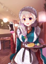 Rule 34 | 1girl, :d, alternate costume, braid, braided ponytail, breasts, ceiling light, commentary request, elf, elu (6th costume) (nijisanji), elu (nijisanji), enmaided, flower, food, glass, hair flower, hair ornament, highres, holding, holding tray, ice cream, indoors, japanese clothes, kimono, large breasts, light particles, long hair, looking at viewer, macaron, maid, maid headdress, nijisanji, open mouth, pancake, photo background, plate, pointy ears, restaurant, silver hair, single braid, smile, solo, spotlight, squeeze bottle, standing, syrup, table, teeth, thick eyebrows, tray, upper teeth only, very long hair, virtual youtuber, wa maid, wooden floor, yellow eyes, yukiyanagi yui
